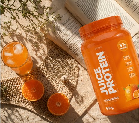 Seu ritmo muda.Seu cuidado fica. — Juice Protein sabor Tangerina